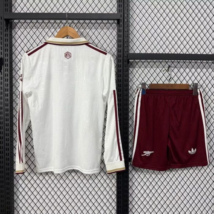 Long Sleeve Youth Uniform Kids Kit 2025-2026 Arsenal Third Away White Soccer Jersey Shorts Child Football Set