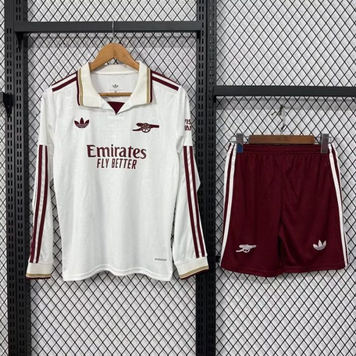Long Sleeve Youth Uniform Kids Kit 2025-2026 Arsenal Third Away White Soccer Jersey Shorts Child Football Set