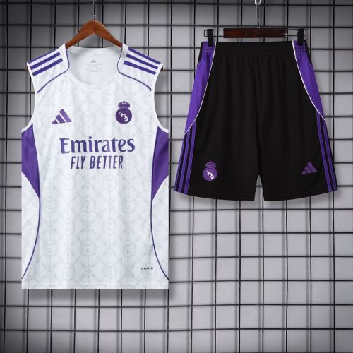 Adult Uniform 2025-2026 Real Madrid White/Purple Soccer Training Vest and Shorts Football Set