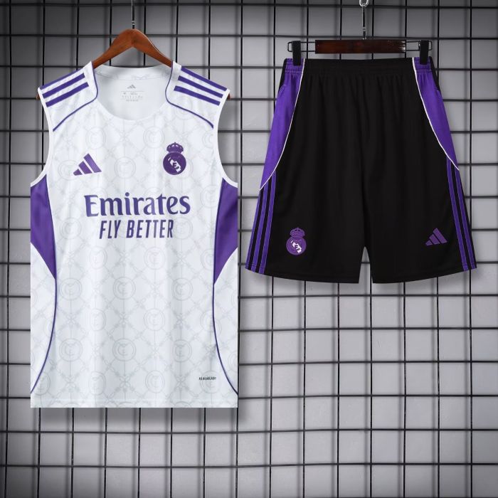 Adult Uniform 2025-2026 Real Madrid White/Purple Soccer Training Vest and Shorts Football Set