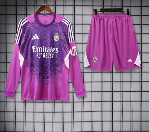 Long Sleeve Adult Uniform 2025-2026 Real Madrid Purple Goalkeeper Soccer Jersey Shorts Men's Football Kit