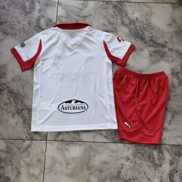 with LALIGA Patch Youth Uniform Kids Kit 2025-2026 Sporting Gijon Third Away White Soccer Jersey Shorts Child Football Set