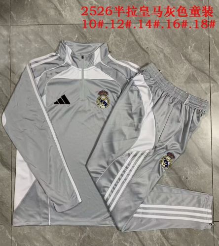 Youth 2025-2026 Real Madrid Grey/White Soccer Training Sweater and Pants Football Kit