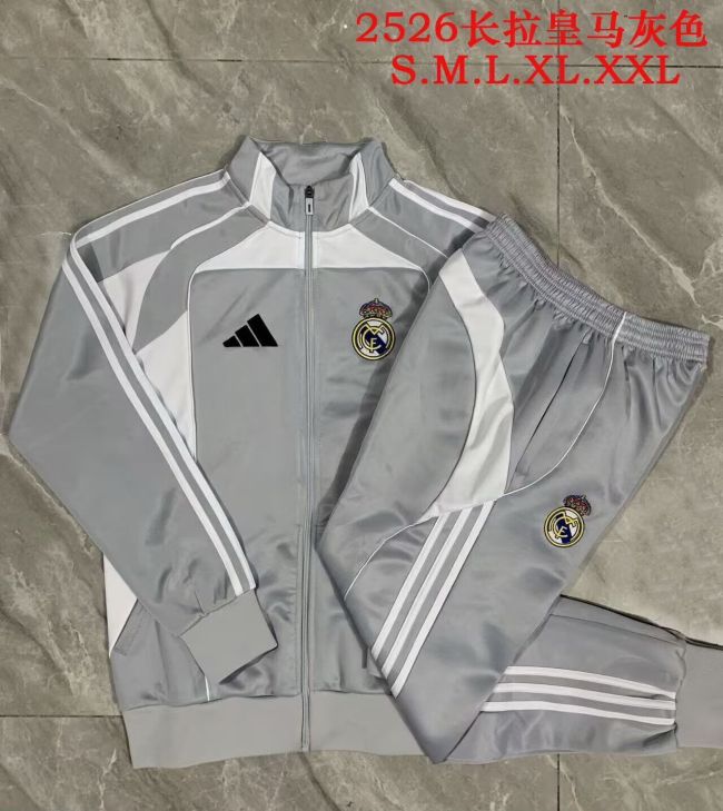 Adult 2025-2026 Real Madrid Grey/White Soccer Jacket and Long Pants Football Tracksuit