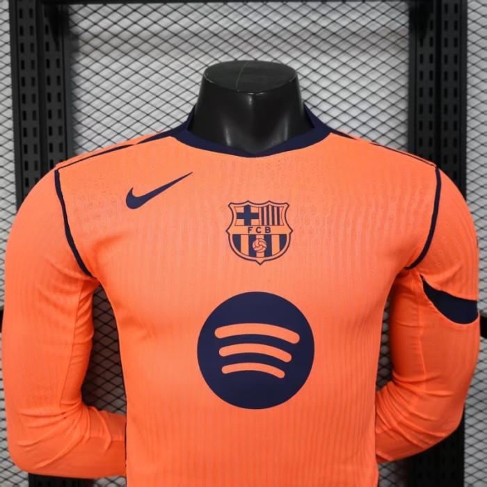 Long Sleeve Barca Camisetas de Futbol Player Version 2025-2026 Barcelona Third Away Orange Soccer Jersey
