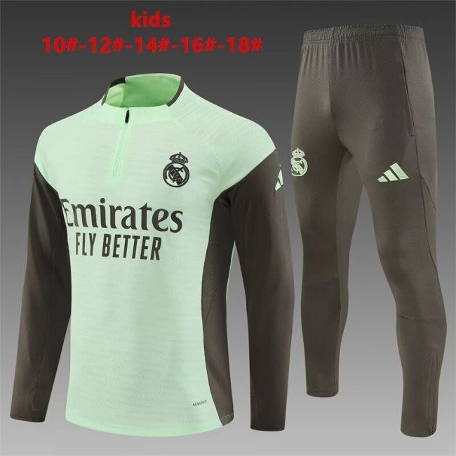 Youth 2025-2026 Real Madrid Green/Dark Grey Soccer Training Sweater and Pants Football Kit