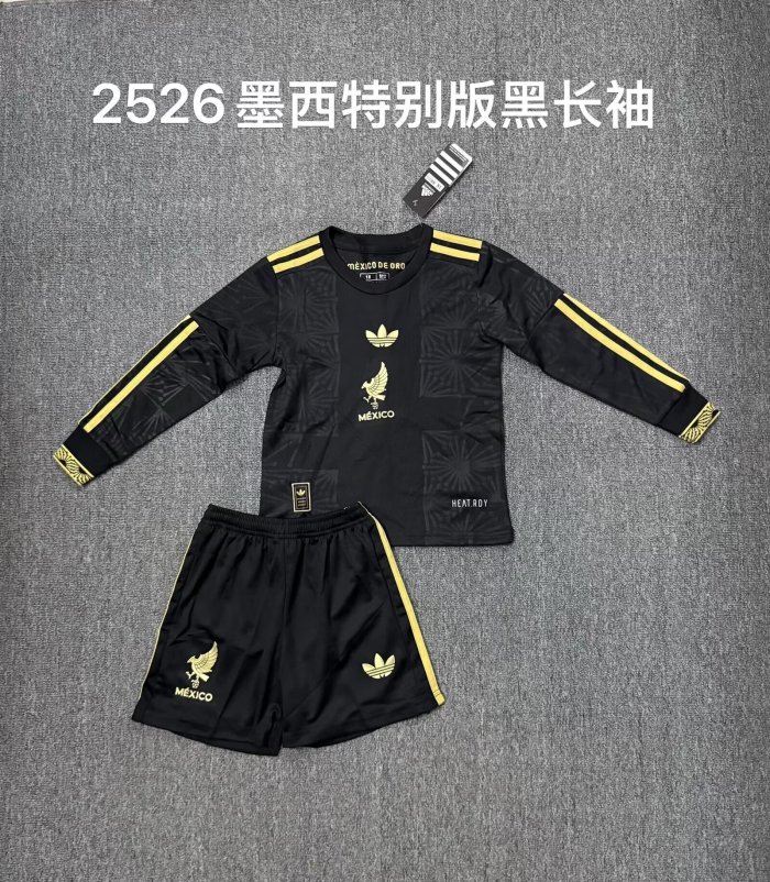 Long Sleeve Youth Uniform Kids Kit 2026 Mexico Black Soccer Jersey Shorts Child Football Set