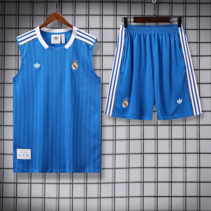Adult Uniform 2025-2026 Real Madrid Blue Soccer Training Vest and Shorts Football Set