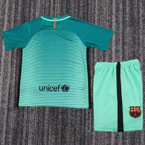 Retro Youth Uniform Kids Kit 2016-2017 Barcelona Third Away Green Soccer Jersey Shorts Vintage Child Football Set