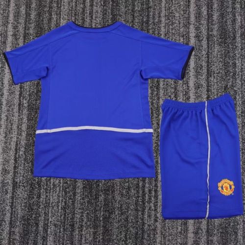 Retro Youth Uniform Kids Kit 2002-2003 Manchester United Third Away Blue Soccer Jersey Shorts Vintage Child Football Set