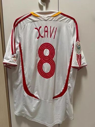 with World Cup Patch Retro Jersey Spain 2006 XAVI 8 Away White Soccer Jersey Vintage Football Shirt