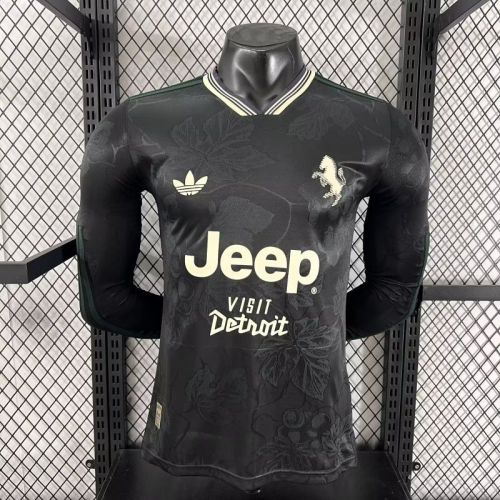with Sponor Logo Long Sleeve Maillot Juve Shirt Player Version Juventus 2025-2026 Third Away Black Soccer Jersey Football Shirt