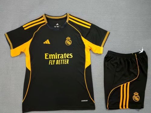 Youth Uniform Kids Kit 2025-2026 Real Madrid Black/Gold Soccer Training Jersey Shorts Child Football Set