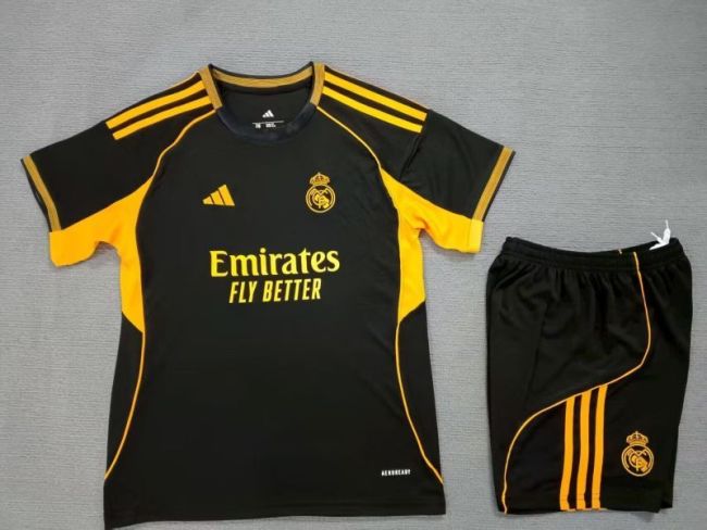 Youth Uniform Kids Kit 2025-2026 Real Madrid Black/Gold Soccer Training Jersey Shorts Child Football Set