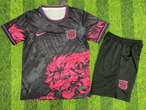 Youth Uniform Kids Kit 2025-2026 Barcelona Black/Pink Lion Special Edition Soccer Jersey Shorts Child Football Set