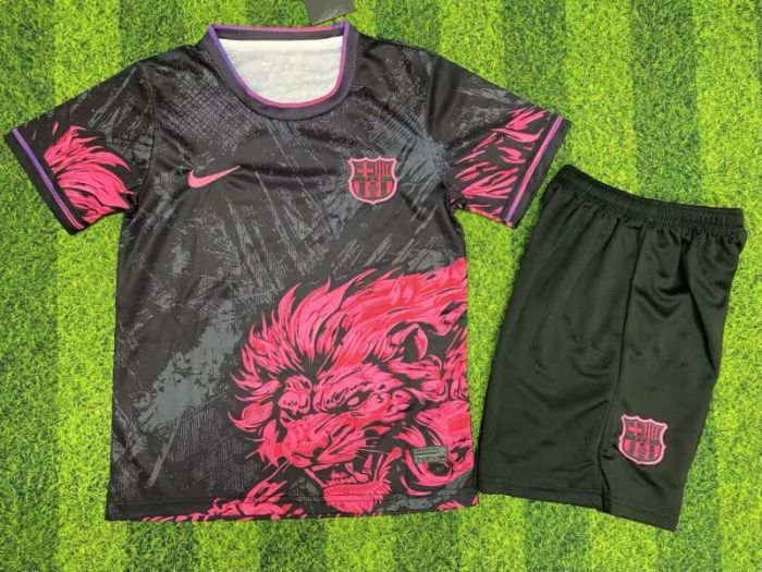 Youth Uniform Kids Kit 2025-2026 Barcelona Black/Pink Lion Special Edition Soccer Jersey Shorts Child Football Set