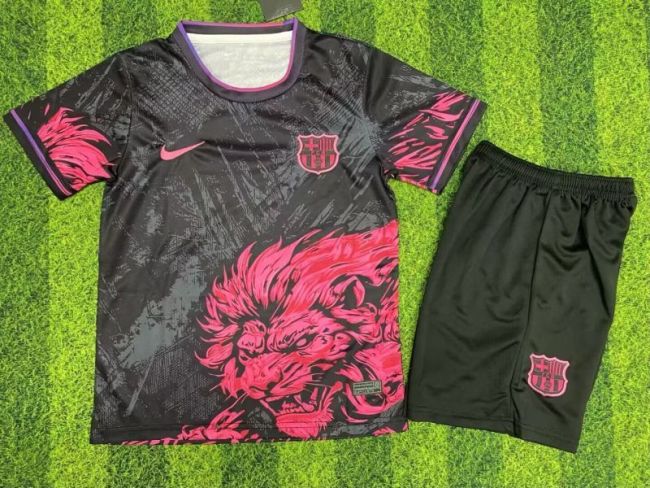 Youth Uniform Kids Kit 2025-2026 Barcelona Black/Pink Lion Special Edition Soccer Jersey Shorts Child Football Set