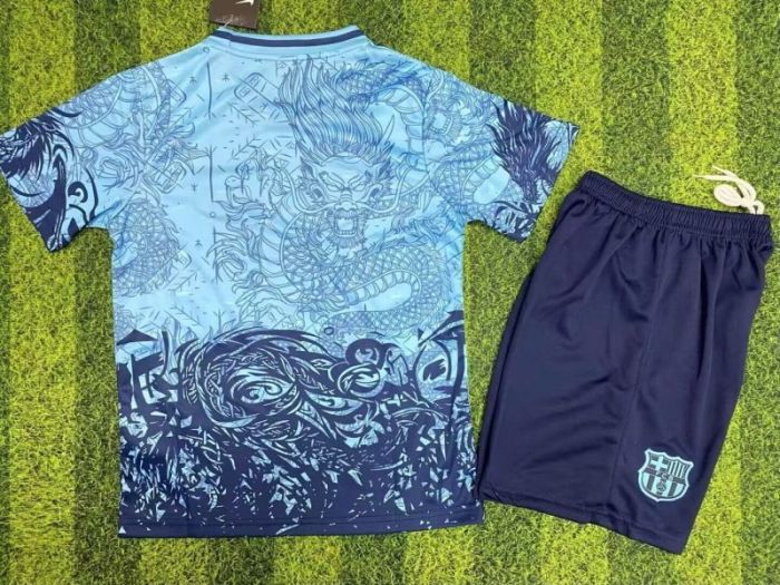 Youth Uniform Kids Kit 2025-2026 Barcelona Blue Dragon Special Edition Soccer Jersey Shorts Child Football Set
