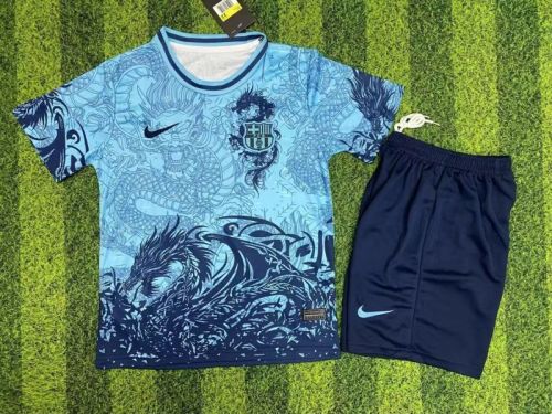 Youth Uniform Kids Kit 2025-2026 Barcelona Blue Dragon Special Edition Soccer Jersey Shorts Child Football Set