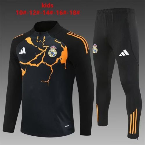 Youth 2025-2026 Real Madrid Black/Orange Soccer Training Sweater and Pants Child Football Kit