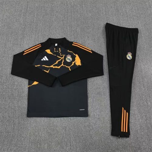 2025-2026 Real Madrid Black/Orange Soccer Training Sweater and Pants Football Kit