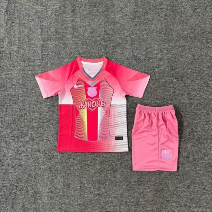 Youth Uniform Kids Kit 2025-2026 Barcelona Pink karol g version Soccer Jersey Shorts Child Football Set