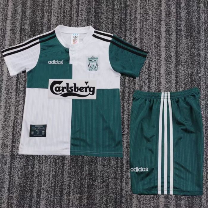 Retro Youth Uniform Kids Kit 1995-1996 Liverpool Away White/Green Soccer Jersey Shorts Vintage Child Football Set