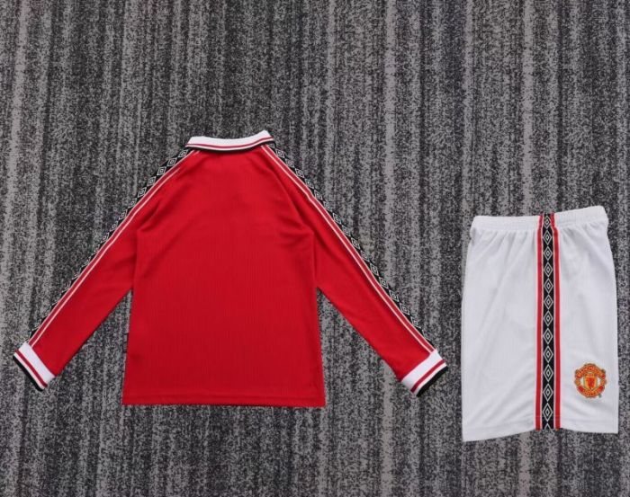 Long Sleeve Retro Youth Uniform Kids Kit 1998-2000 Manchester United Home Soccer Jersey Shorts Vintage Child Football Set