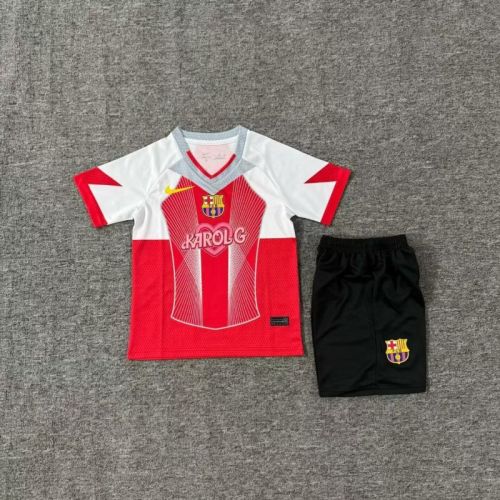 Youth Uniform Kids Kit 2025-2026 Barcelona Red karol g version Soccer Jersey Shorts Child Football Set