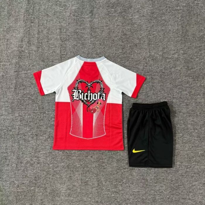Youth Uniform Kids Kit 2025-2026 Barcelona Red karol g version Soccer Jersey Shorts Child Football Set