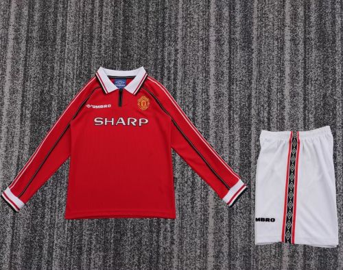 Long Sleeve Retro Youth Uniform Kids Kit 1998-2000 Manchester United Home Soccer Jersey Shorts Vintage Child Football Set