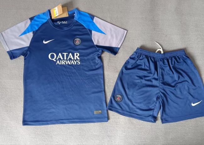 Youth Uniform Kids Kit 2025-2026 PSG Dark Blue Soccer Training Jersey Shorts Paris Child Football Set