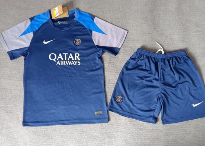 Youth Uniform Kids Kit 2025-2026 PSG Dark Blue Soccer Training Jersey Shorts Paris Child Football Set