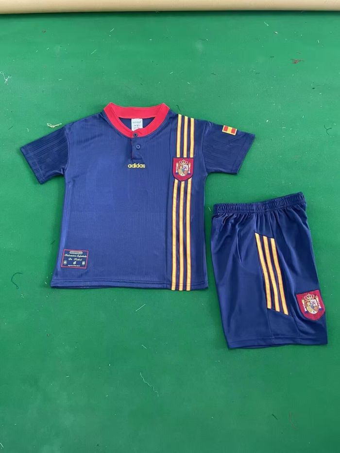 Retro Uniform Youth Uniform Kids Kit 1996 Spain Away Dark Blue Soccer Jersey Shorts Child Football Set