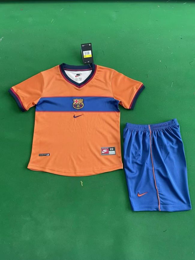 Retro Youth Uniform Kids Kit 1998-2000 Barcelona Third Away Orange Soccer Jersey Shorts Vintage Child Football Set