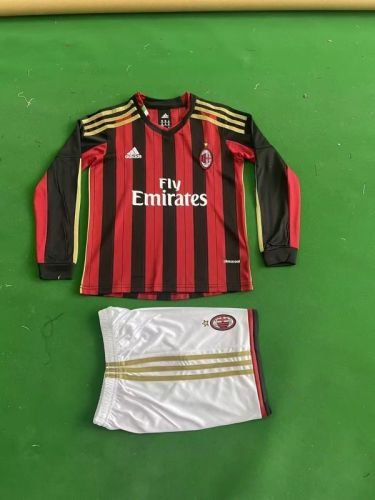 Long Sleeve Retro Youth Uniform Kids Kit 2013-2014 AC Milan Home Soccer Jersey Shorts Vintage Child Football Set