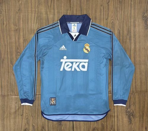 Long Sleeve Retro Jersey 1999-2000 Real Madrid Third Away Blue Soccer Jersey Vintage Real Football Shirt
