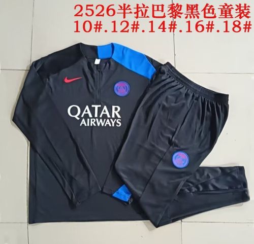 Youth 2025-2026 PSG Black/Blue Soccer Training Sweater and Pants Child Football Kit