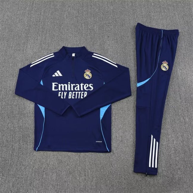 2025-2026 Real Madrid Dark Blue Soccer Training Sweater and Pants Football Kit
