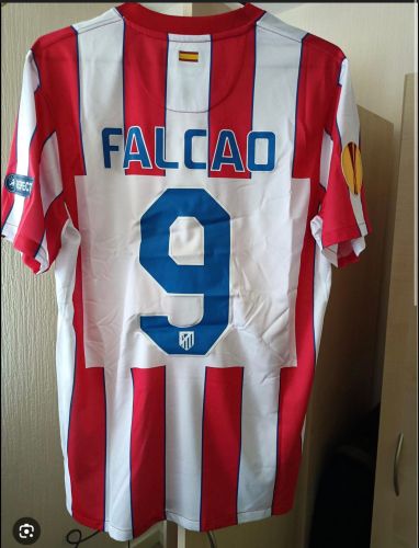 With Front Lettering+Europa League Patch Retro Jersey 2011-2012 Atletico Madrid FALCAO 9 Home Soccer Jersey Vintage Football Shirt