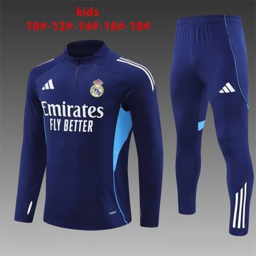 Youth 2025-2026 Real Madrid Dark Blue Soccer Training Sweater and Pants Child Football Kit