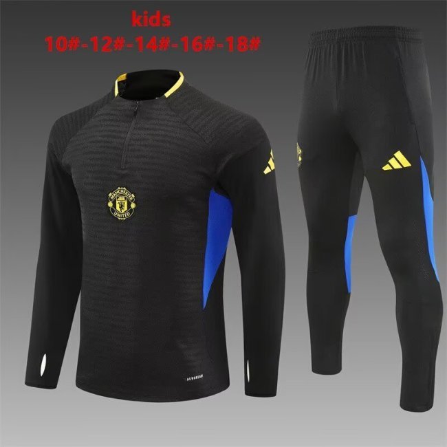 Youth 2025-2026 Manchester United Black/Blue Soccer Training Sweater and Pants Child Football Kit