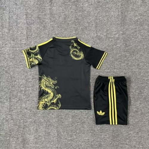 Youth Uniform Kids Kit 2025-2026 Real Madrid Black/Gold Dragon Soccer Jersey Shorts Child Football Set