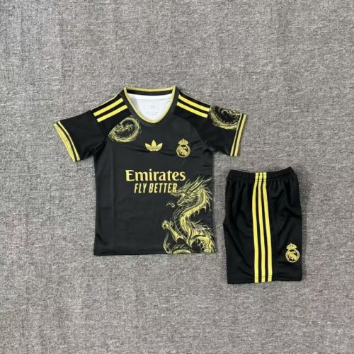 Youth Uniform Kids Kit 2025-2026 Real Madrid Black/Gold Dragon Soccer Jersey Shorts Child Football Set