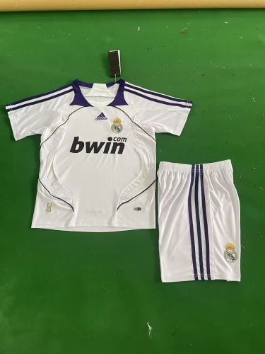 Retro Youth Uniform Kids Kit 2007-2008 Real Madrid Home Soccer Jersey Shorts Vintage Child Football Set