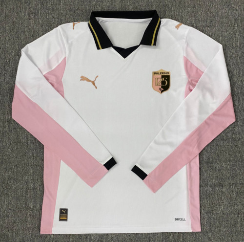 Long Sleeve Fans Version 2025-2026 Palermo Third Away White/Pink Soccer Jersey Football Shirt