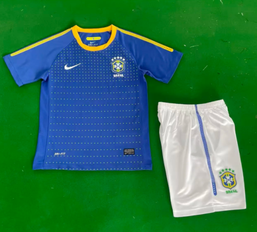 Retro Youth Uniform Kids Kit 2010 Brazil Away Blue Soccer Jersey Shorts Brasil Child Football Set