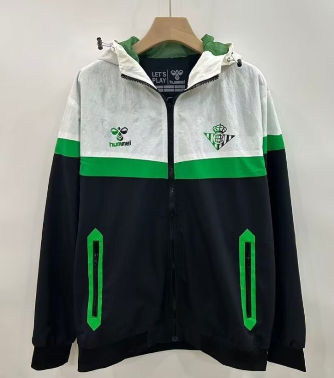 with Caps 2025-2026 Real Betis Black/White Soccer Windbreaker Jacket Football Jacket