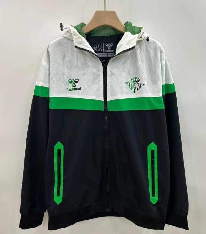 with Caps 2025-2026 Real Betis Black/White Soccer Windbreaker Jacket Football Jacket