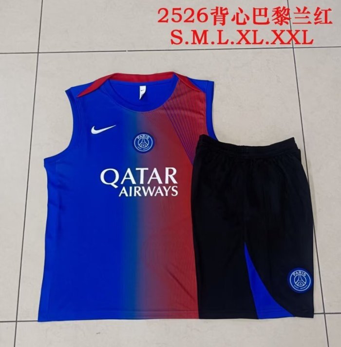 Adult Uniform 2025-2026 PSG Blue/Red Soccer Training Vest and Shorts Football Set